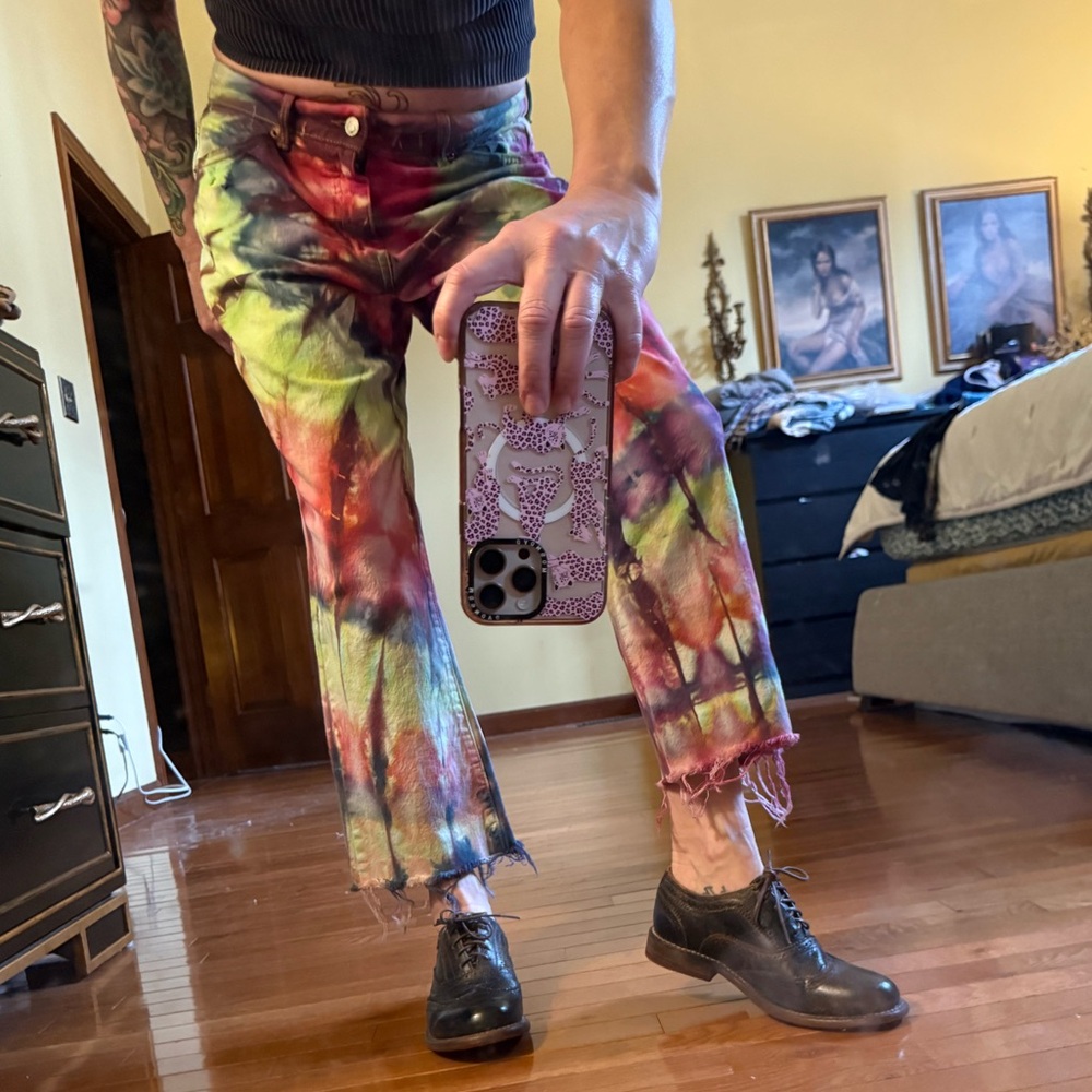 Custom Tie Dye Jeans. Slight Crop- Distressed🩷🩷🩷